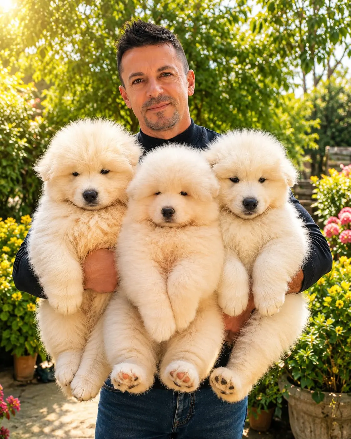 Alessandro Casertano con tre cuccioli di Samoiedo